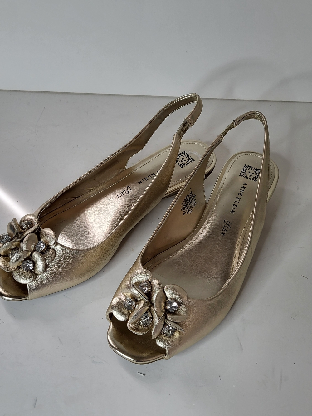 Anne Klein Metallic Gold Leather Slingback Peep-Toe Mules with Floral Gems